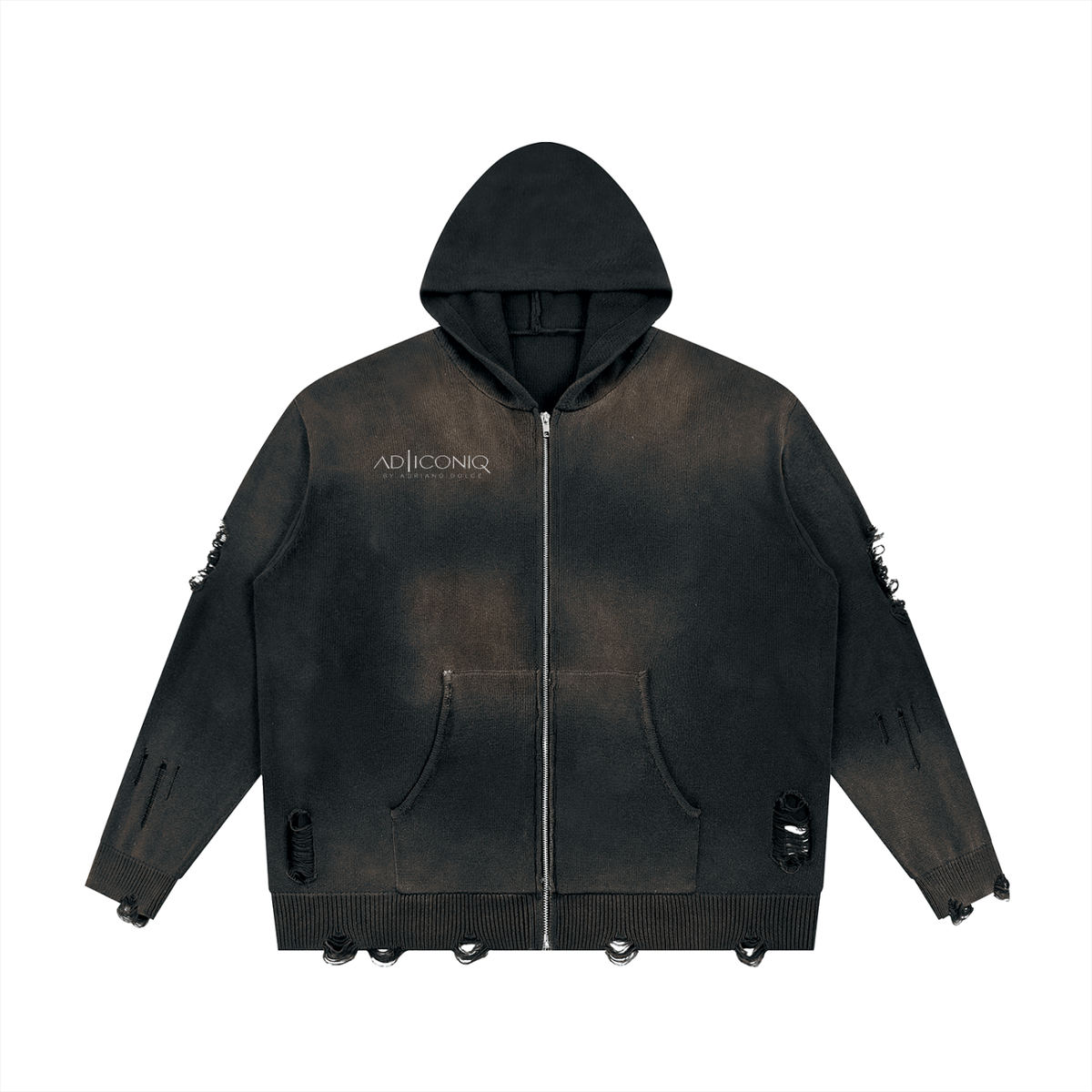 Distressed Full-Zip Hooded Sweater