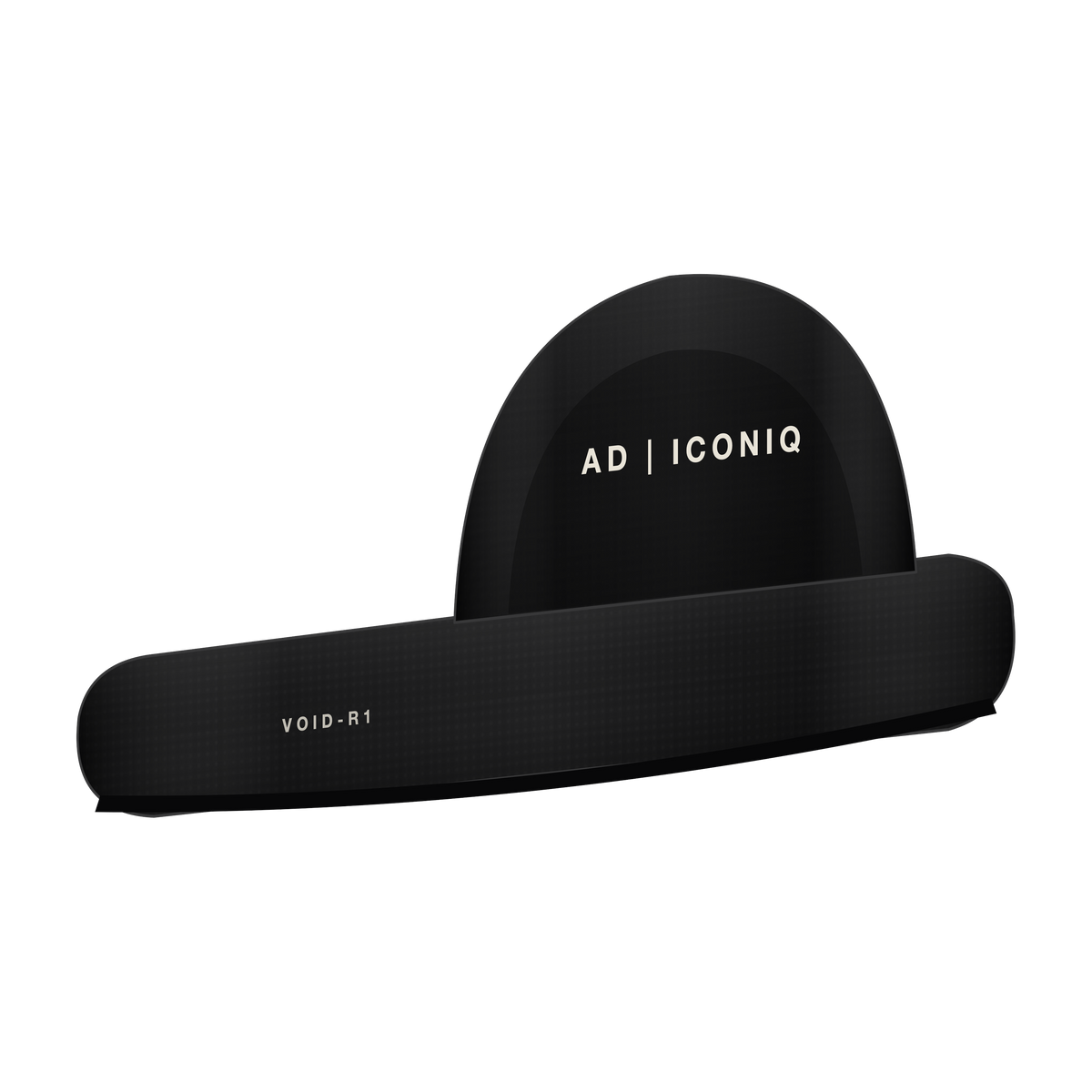 AD | ICONIQ VOID-R1 Sculptural Recovery Slide — Pitch Black — front 3/4, pre-production visual