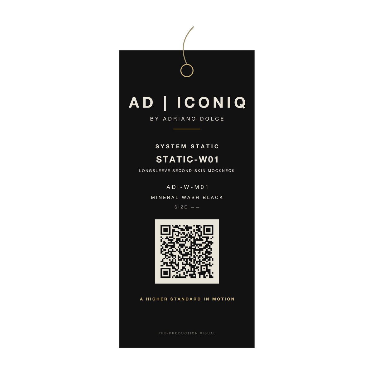AD | ICONIQ STATIC-W01 Mockneck — proposed hangtag, pre-production visual