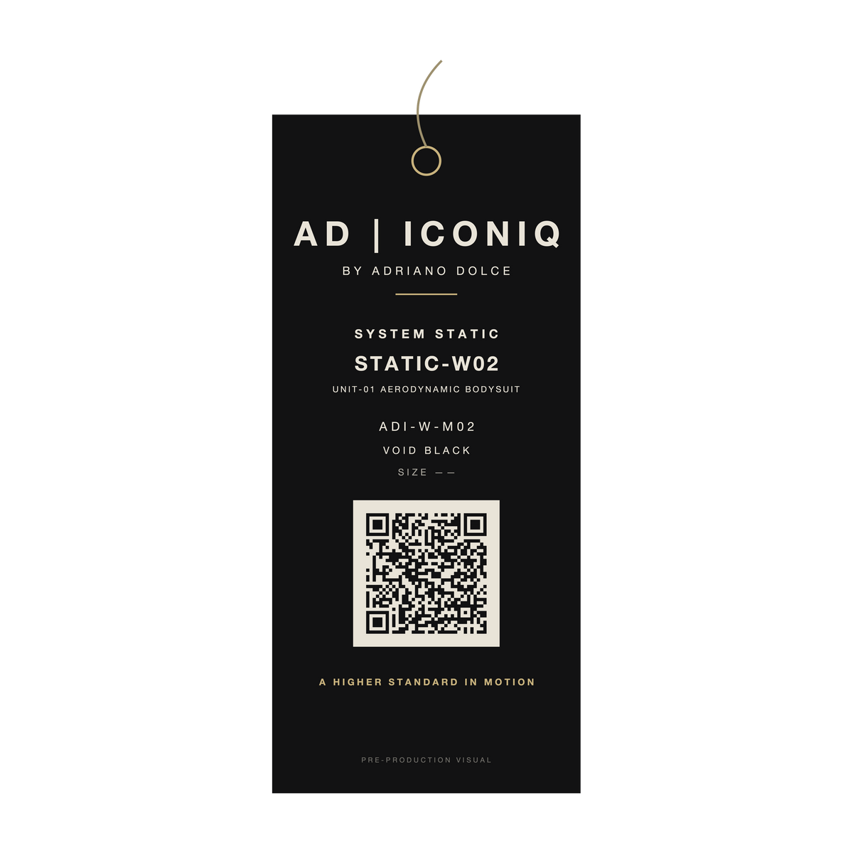 AD | ICONIQ STATIC-W02 Bodysuit — proposed hangtag, pre-production visual
