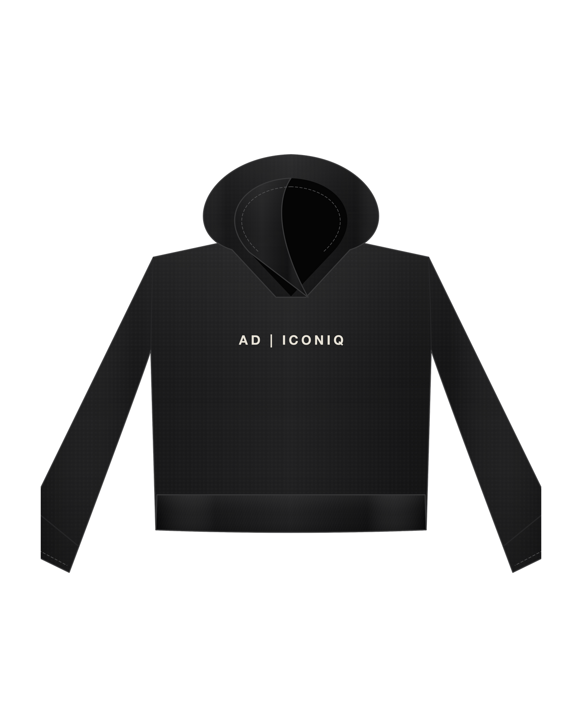 AD | ICONIQ VOID-W01 Cropped Architectural Hoodie — Pitch Black — front, pre-production visual