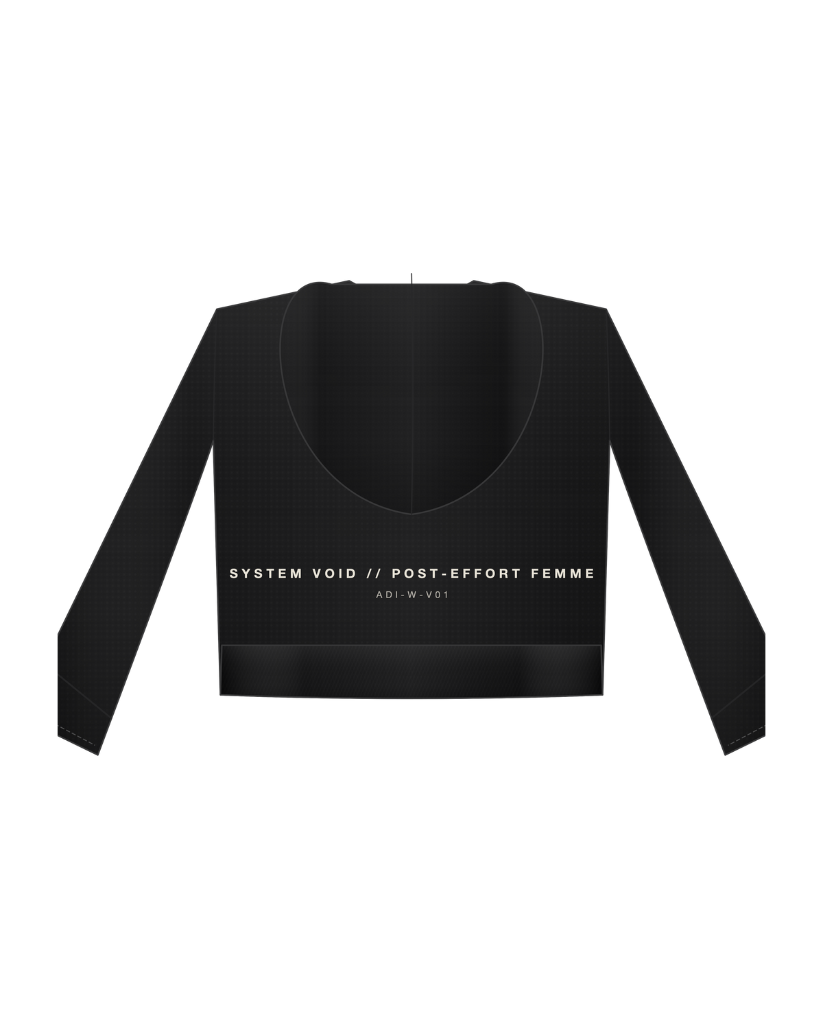 AD | ICONIQ VOID-W01 Cropped Architectural Hoodie — Pitch Black — back, pre-production visual