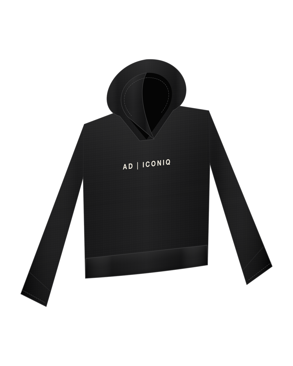 AD | ICONIQ VOID-W01 Cropped Architectural Hoodie — Pitch Black — front 3/4, pre-production visual