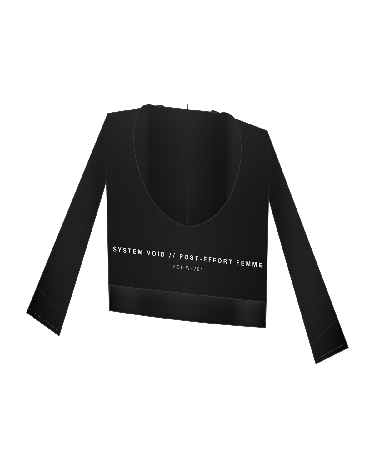 AD | ICONIQ VOID-W01 Cropped Architectural Hoodie — Pitch Black — back 3/4, pre-production visual