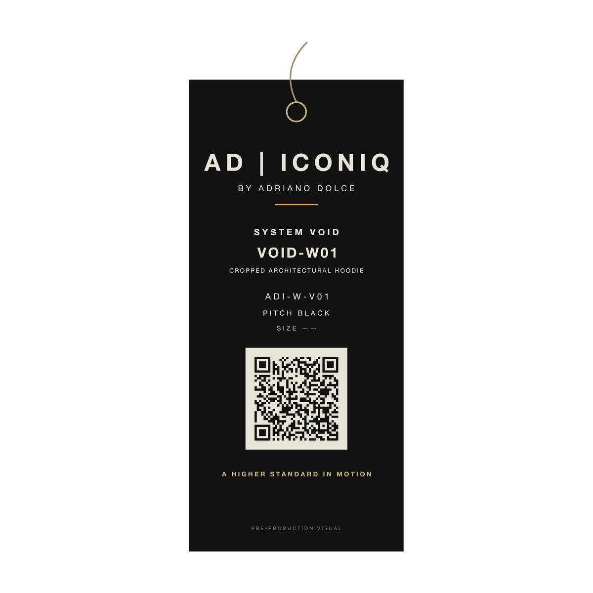 AD | ICONIQ VOID-W01 Hoodie — proposed hangtag, pre-production visual