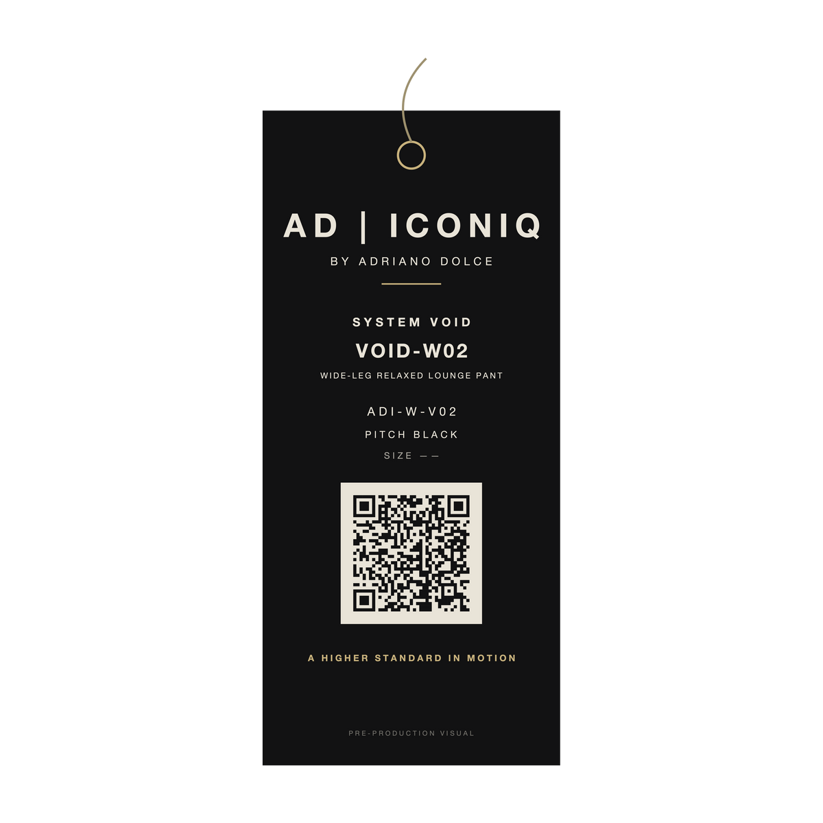 AD | ICONIQ VOID-W02 Lounge Pant — proposed hangtag, pre-production visual