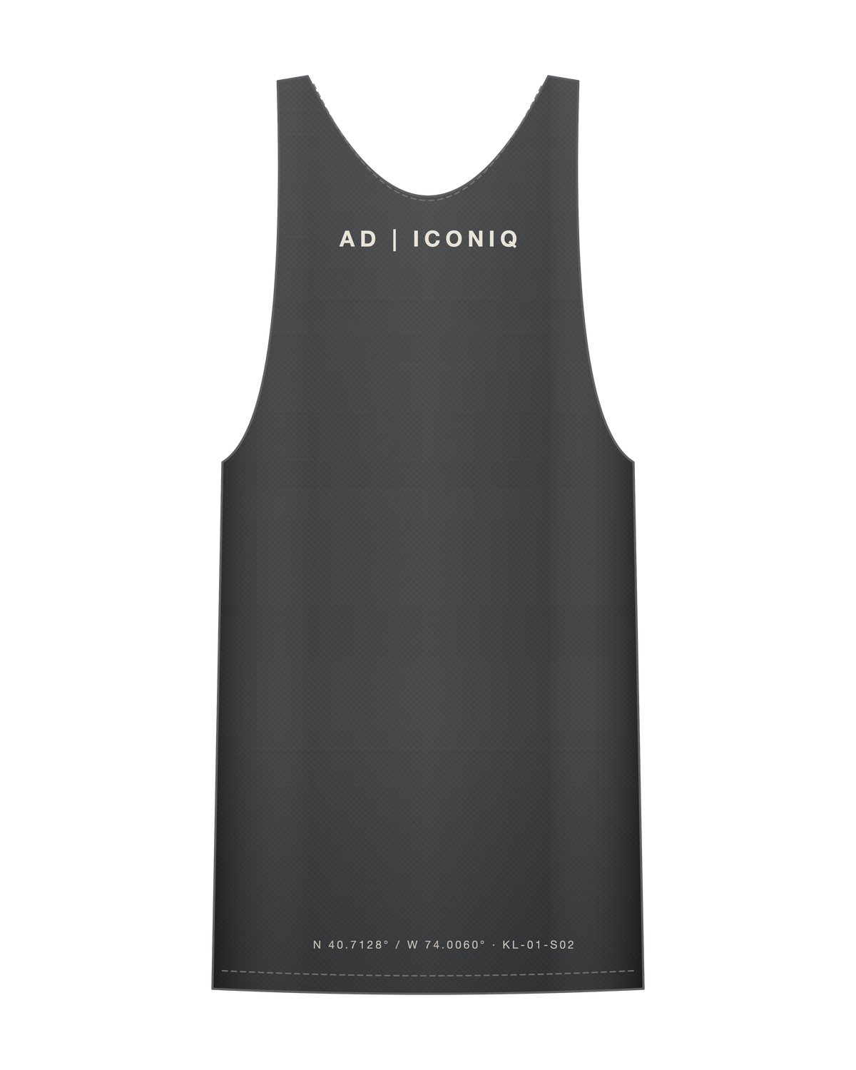 AD | ICONIQ AERO-02 Split-Seam Distance Singlet — Raw Graphite — front, pre-production visual
