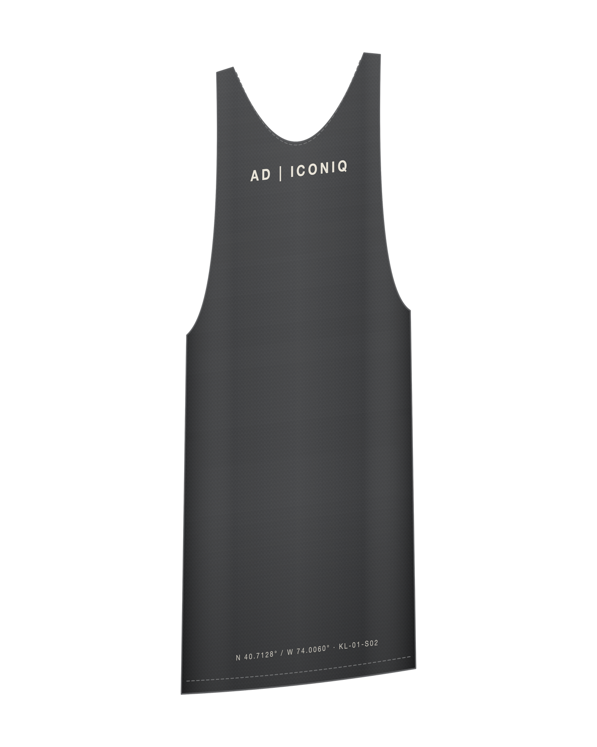 AD | ICONIQ AERO-02 Singlet — Raw Graphite — front 3/4, pre-production visual