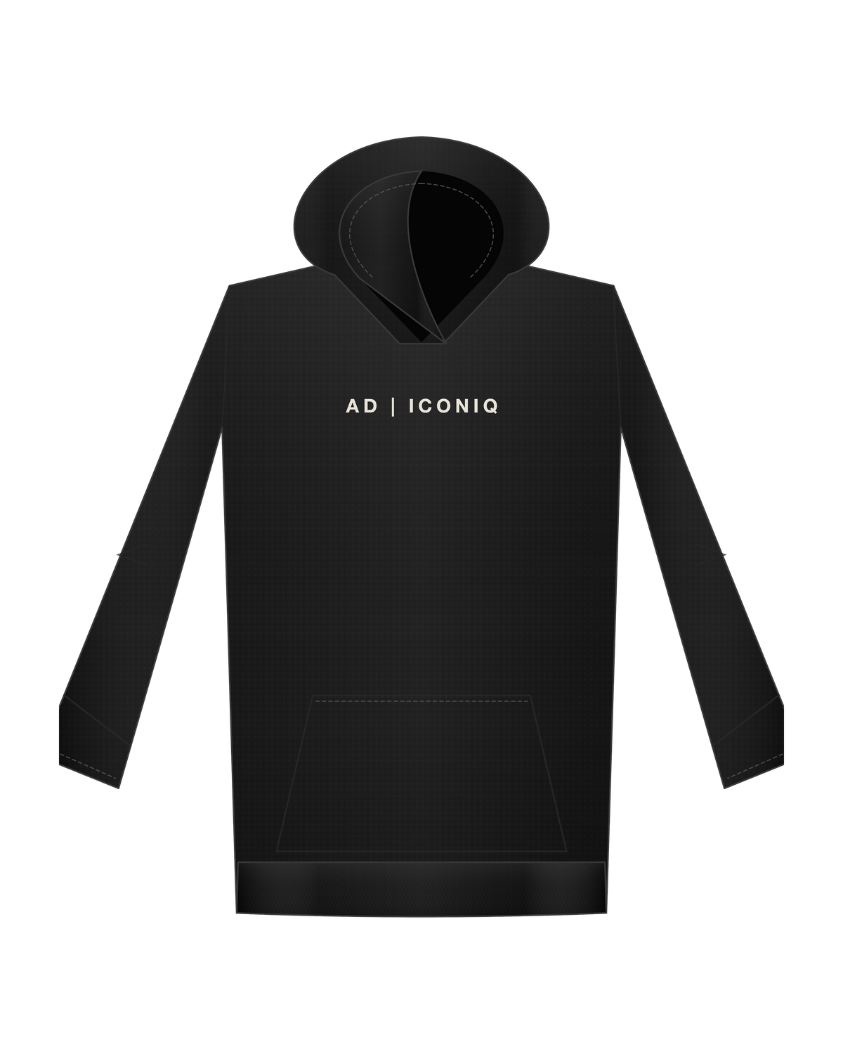 AD | ICONIQ VOID-01 Sculptural Double-Hood Fleece — Pitch Black — front, pre-production visual