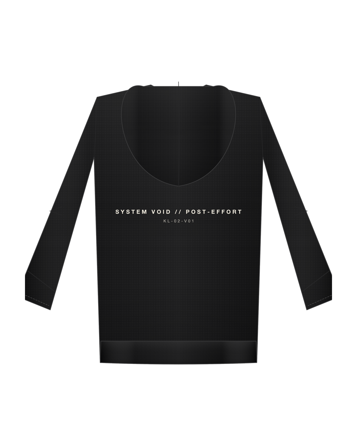 AD | ICONIQ VOID-01 Double-Hood Fleece — Pitch Black — back, pre-production visual