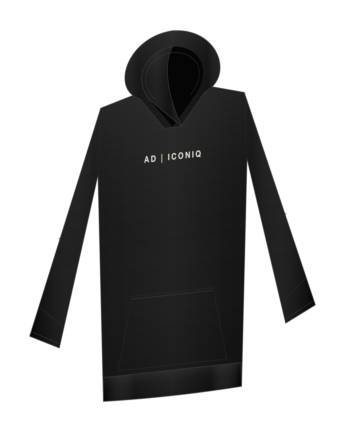 AD | ICONIQ VOID-01 Double-Hood Fleece — Pitch Black — front 3/4, pre-production visual