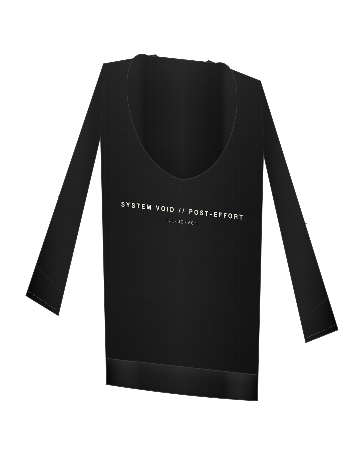 AD | ICONIQ VOID-01 Double-Hood Fleece — Pitch Black — back 3/4, pre-production visual