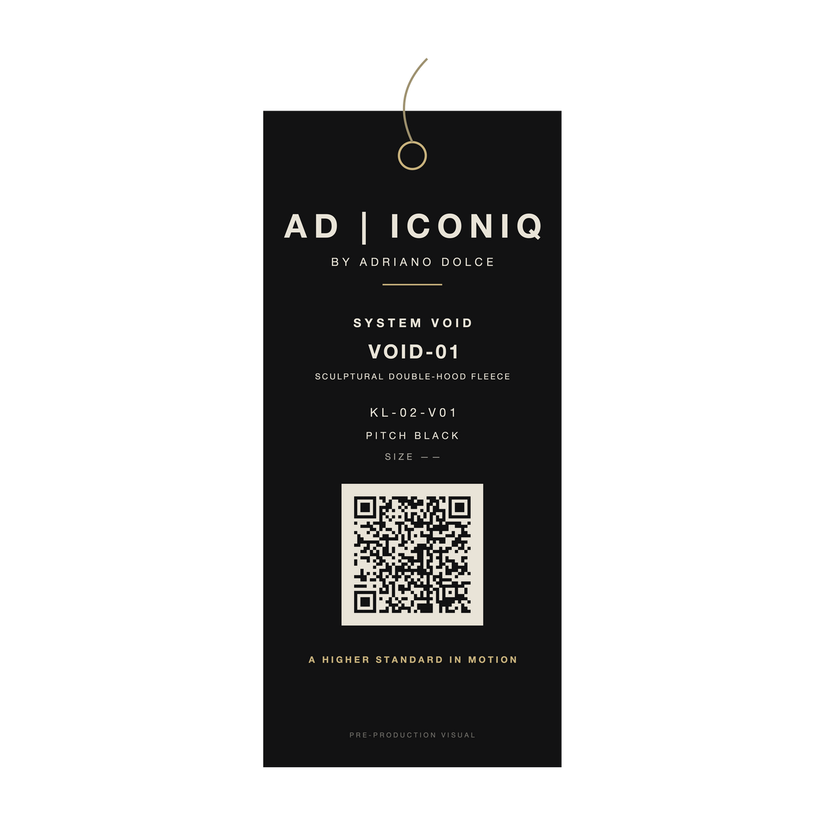 AD | ICONIQ VOID-01 — proposed hangtag, pre-production visual