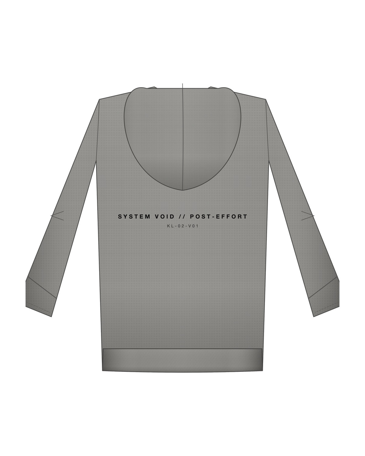 AD | ICONIQ VOID-01 Double-Hood Fleece — Concrete Grey — back, pre-production visual