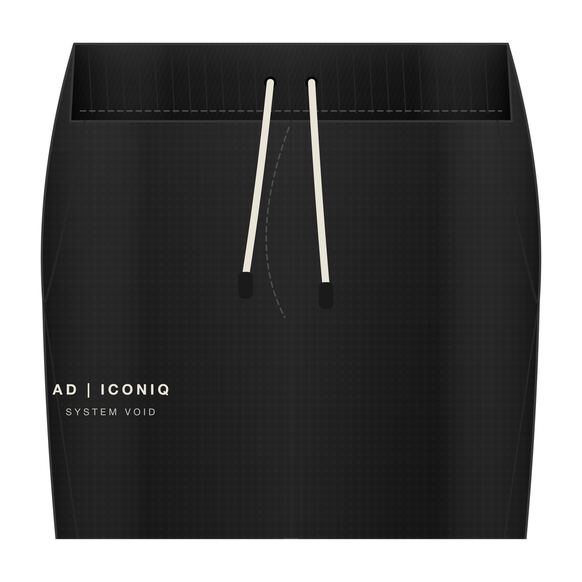 AD | ICONIQ VOID-02 Architectural Tapered Sweatpant — Pitch Black — waist detail, pre-production visual