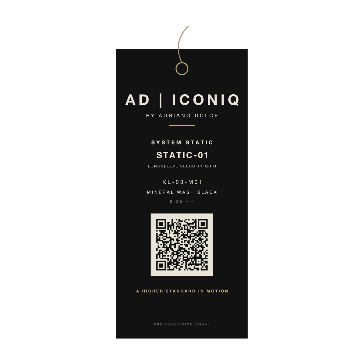 AD | ICONIQ STATIC-01 — proposed hangtag, pre-production visual