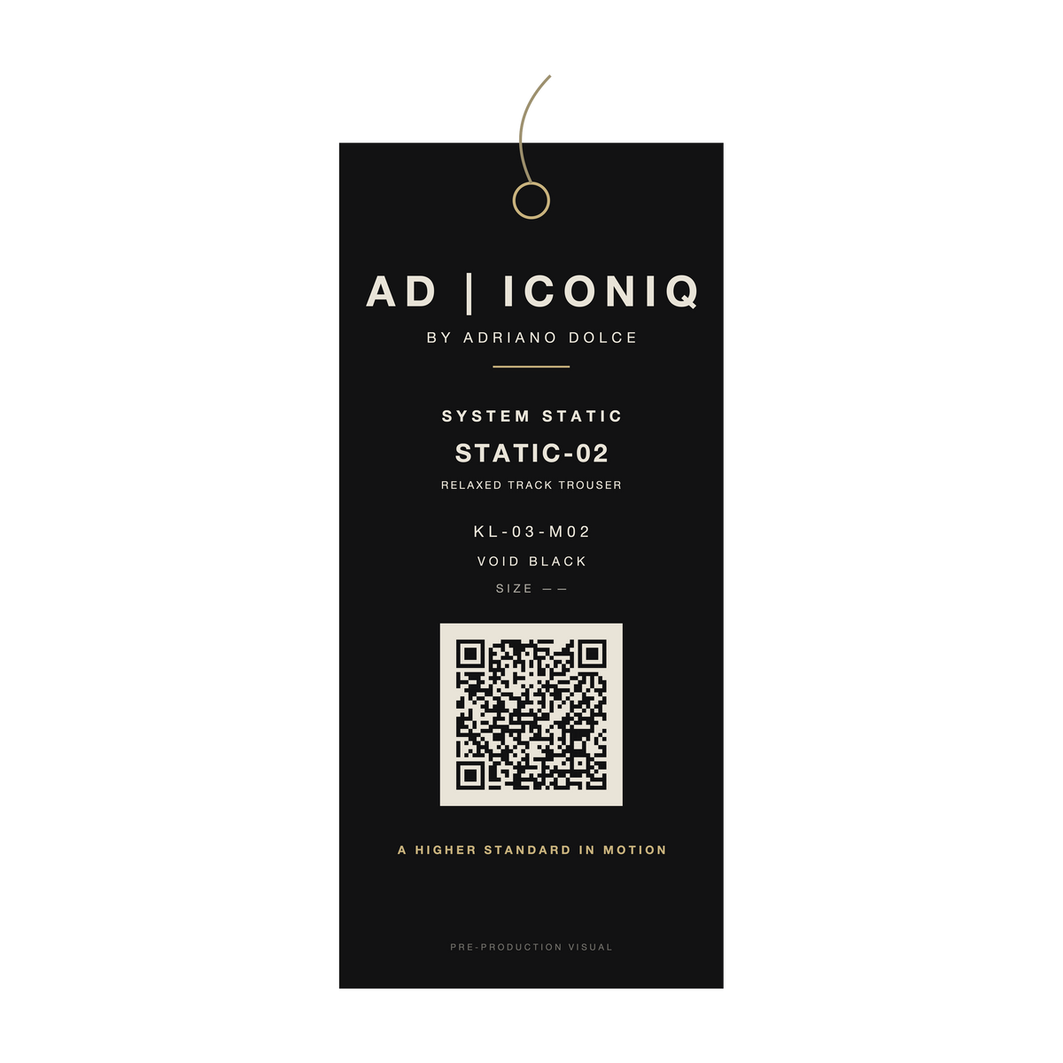 AD | ICONIQ STATIC-02 — proposed hangtag, pre-production visual
