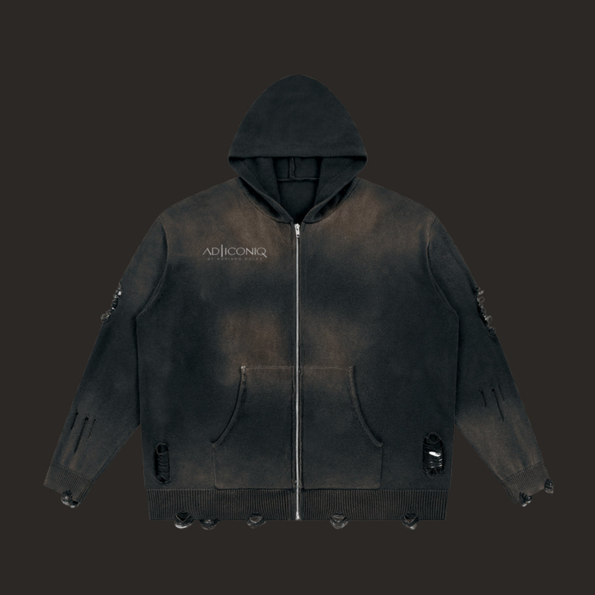 Distressed Full-Zip Hooded Sweater