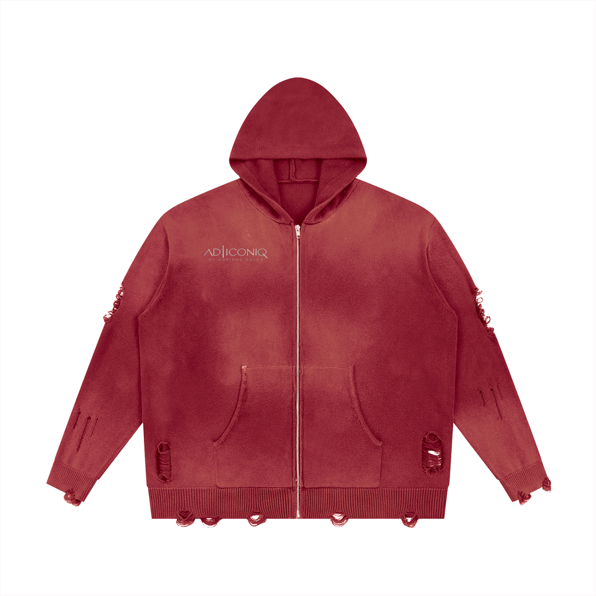 Distressed Full-Zip Hooded Sweater