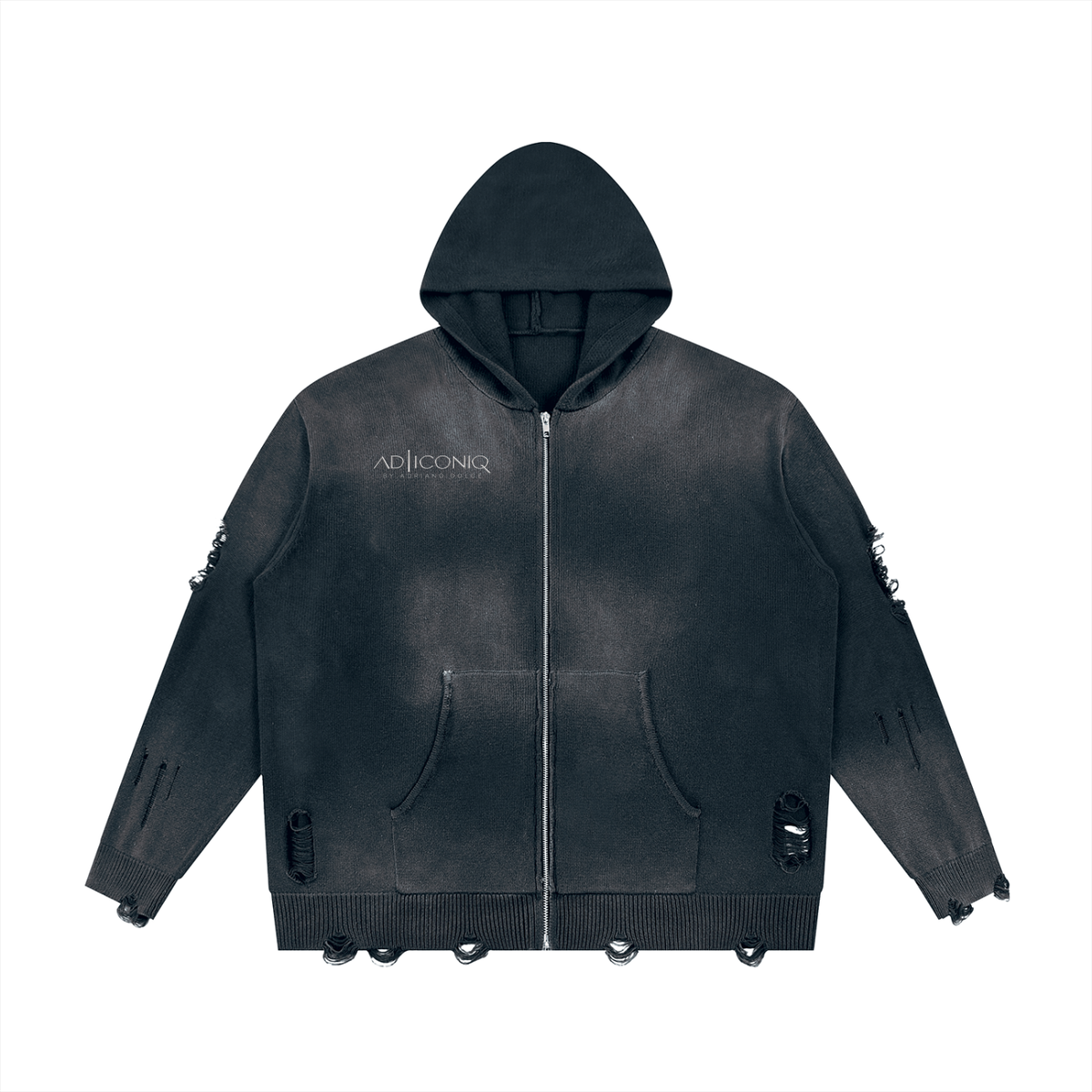 Distressed Full-Zip Hooded Sweater