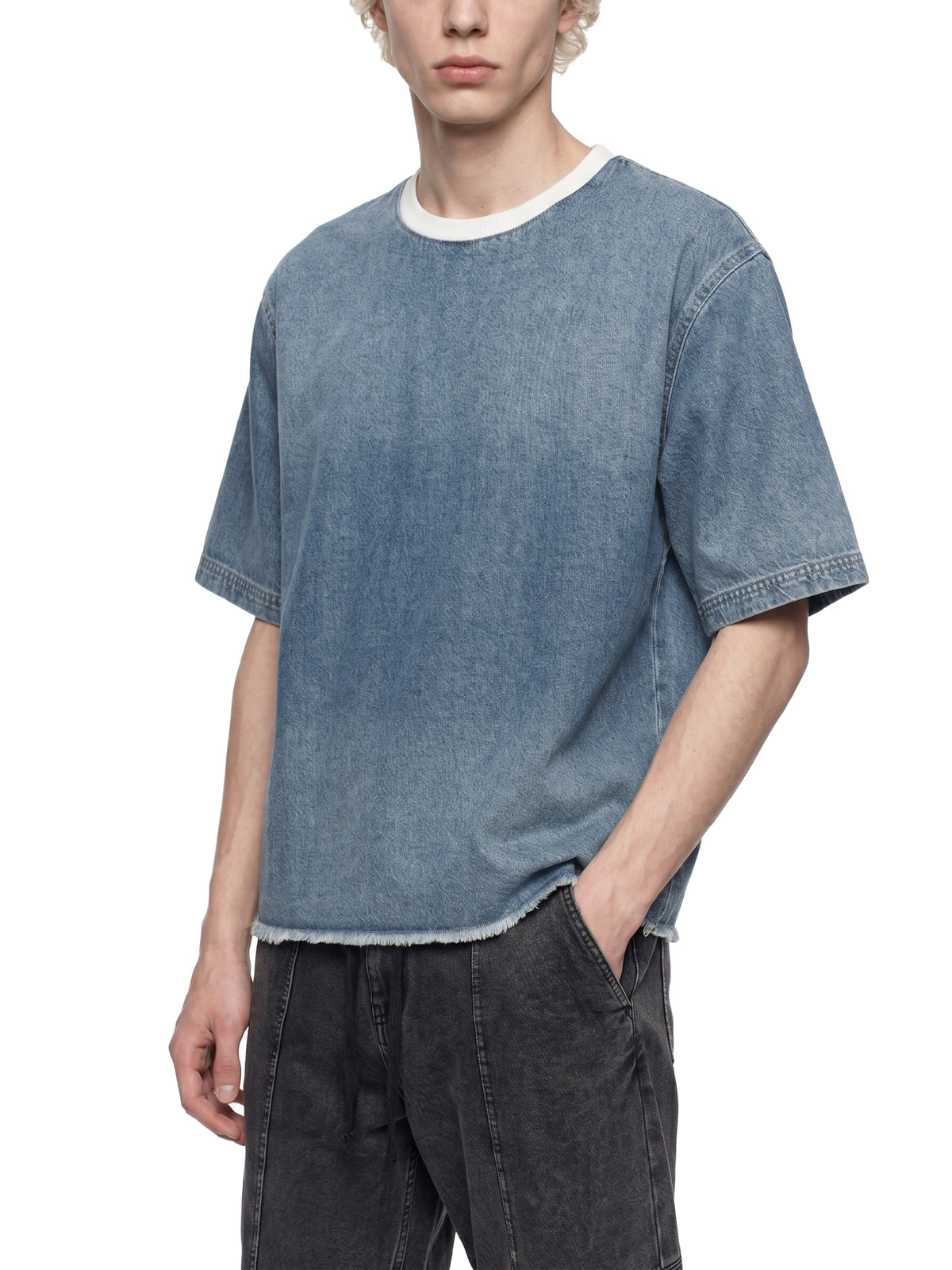 INDIGO — Raw-Hem Denim Boxy Tee