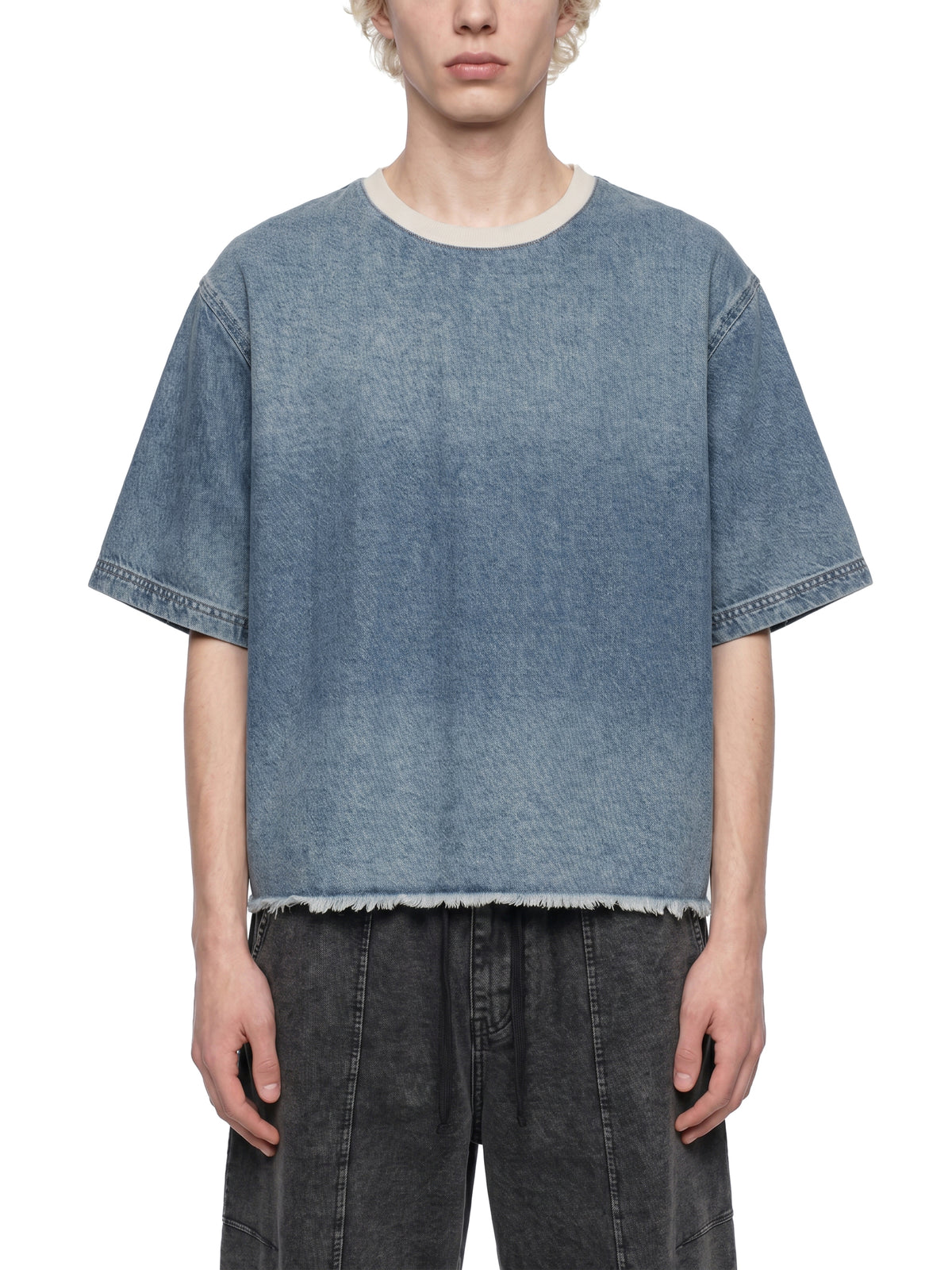 INDIGO — Raw-Hem Denim Boxy Tee