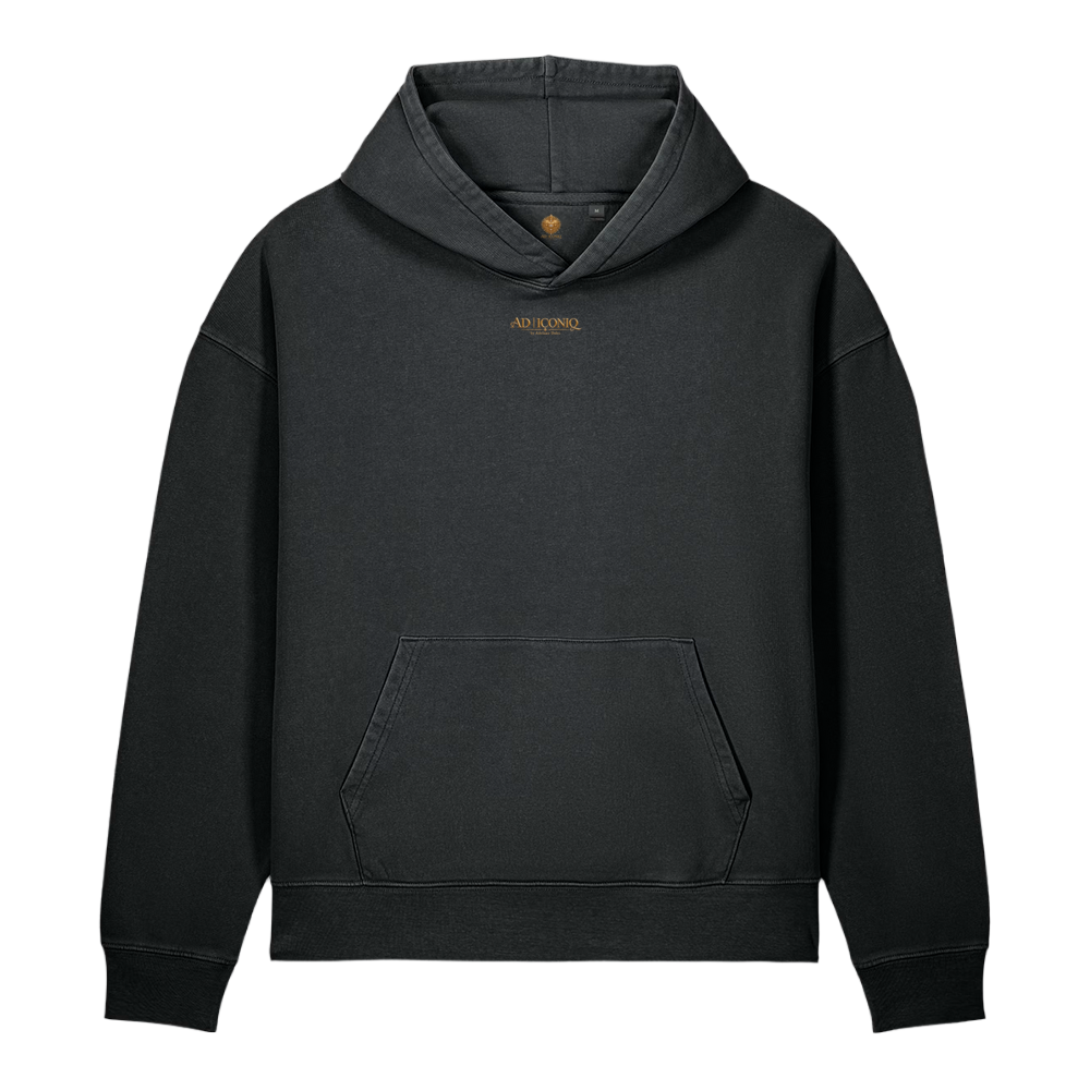 RUBY DEVOTION Atelier Hoodie in G. Dyed Black Rock, front view