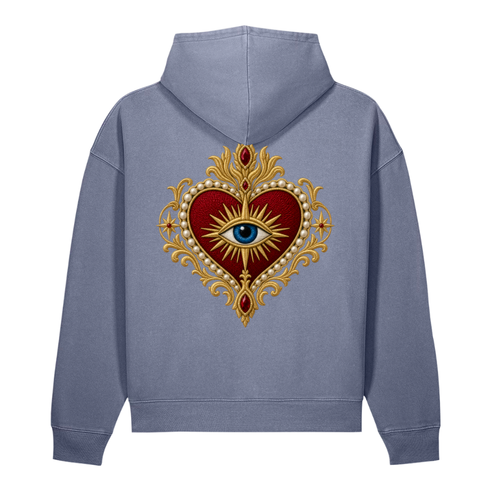 RUBY DEVOTION Atelier Hoodie in G. Dyed Blue Grey, back view