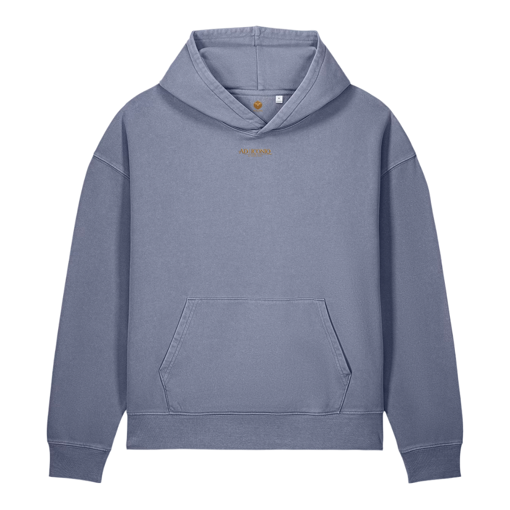 RUBY DEVOTION Atelier Hoodie in G. Dyed Blue Grey, front view